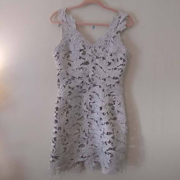 M & GUIA Brazil Silver Embroidered Floral Vine Lace Mini Dress Fits Size S - Picture 6 of 14